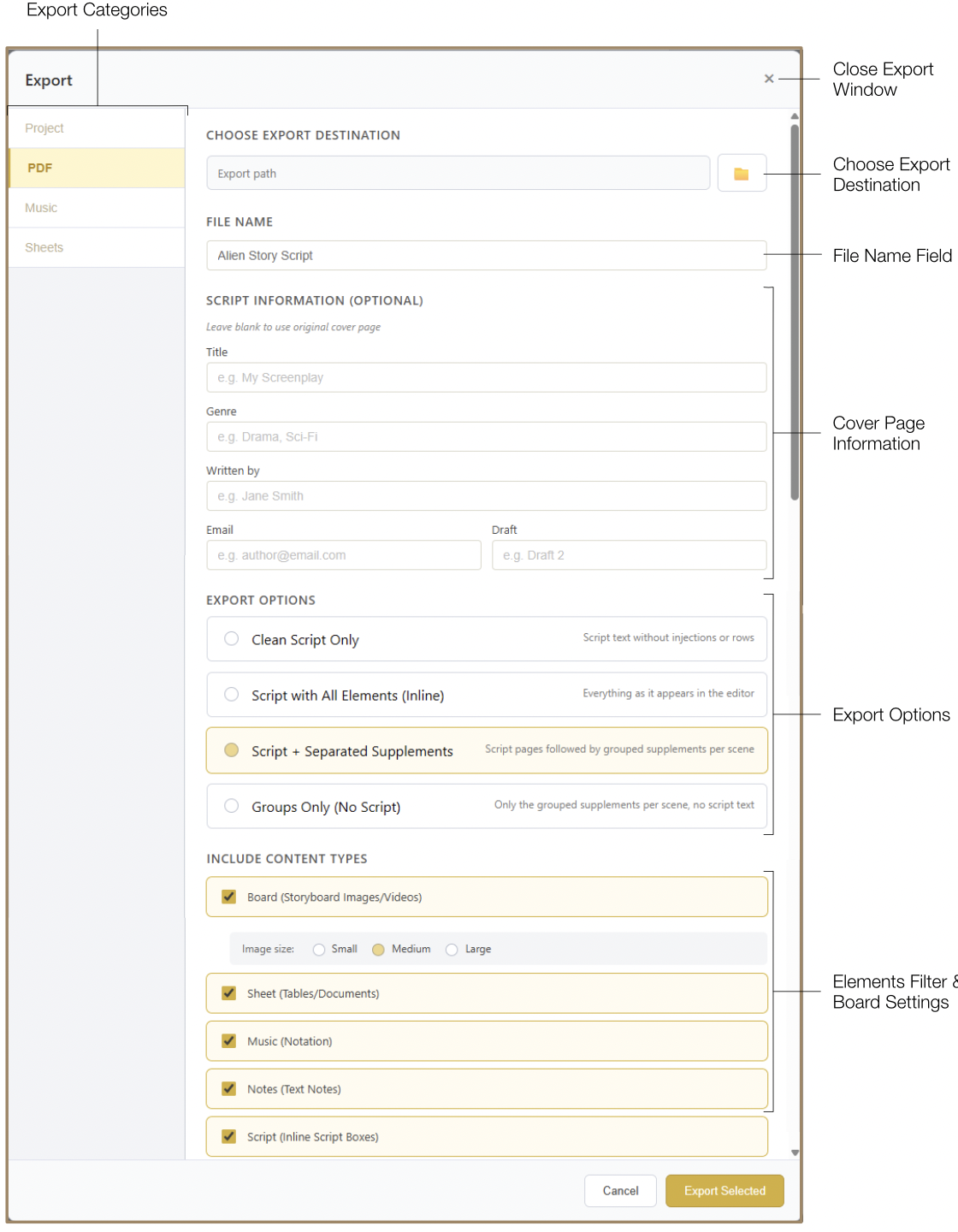 PDF Export settings showing cover page fields and element filter options